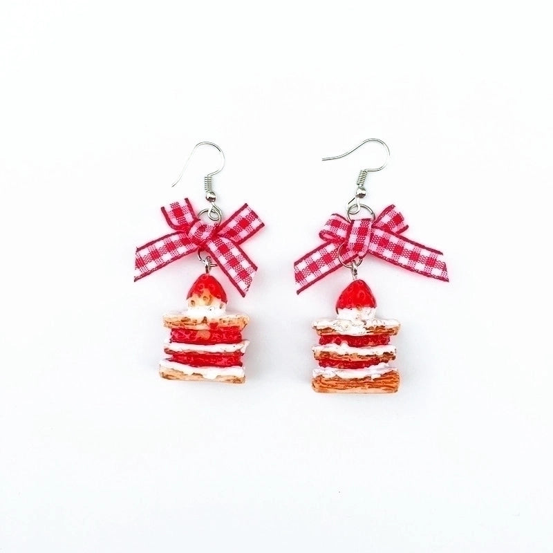 Retro Plaid Bow Cute Mink Plush Ball Strawberry Cake Ear Clip Christmas Earrings