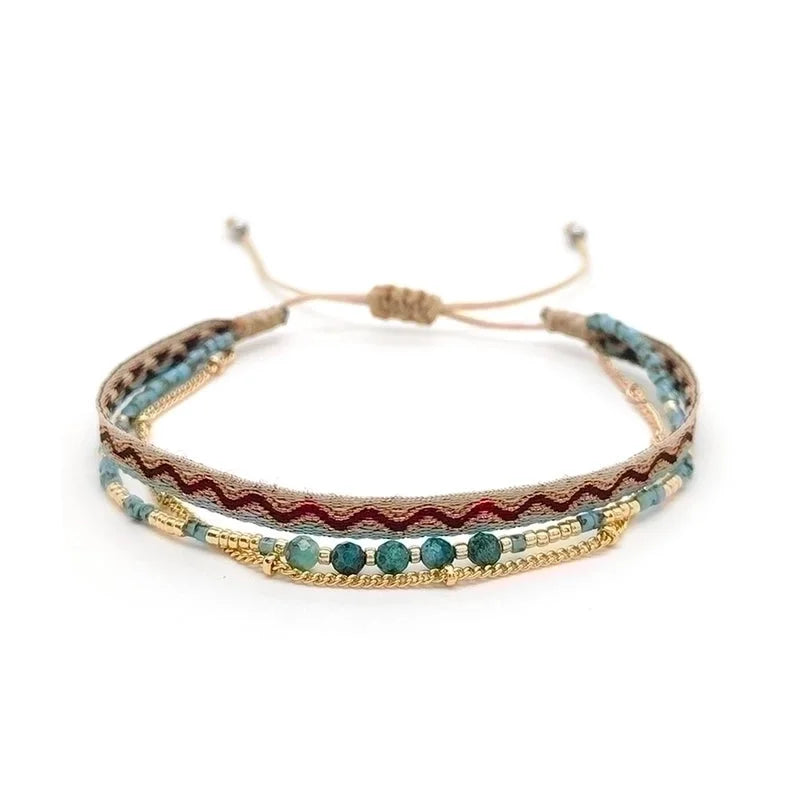 Minimalist Classic Style Color Block Natural Stone Layered Knitting 18k Gold Plated Bracelets