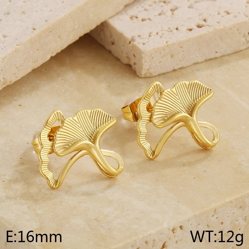 1 Pair Casual Vintage Style Ginkgo Leaf Inlay 304 Stainless Steel Pearl 18K Gold Plated Ear Studs