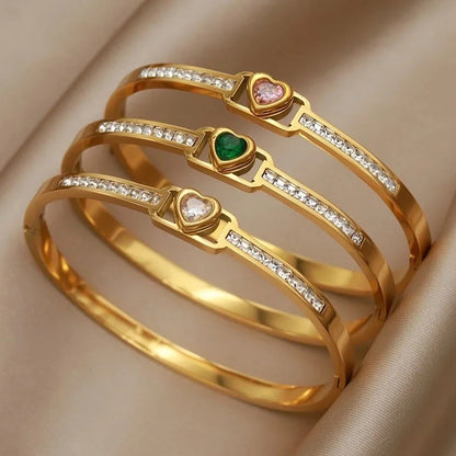 Elegant French Style Square Heart Shape Titanium Steel 18K Gold Plated Zircon Bangle In Bulk