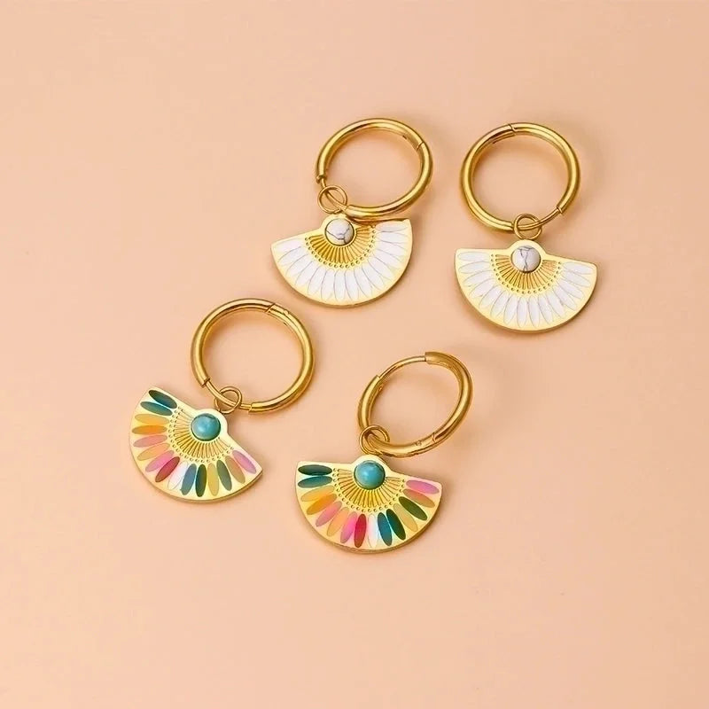 1 Pair Bohemian Sector Enamel 304 Stainless Steel Turquoise Stainless Steel Earrings