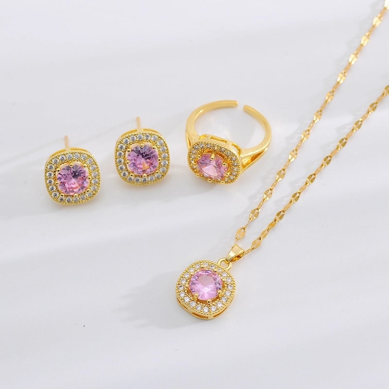 Copper 18K Gold Plated Minimalist Shiny Inlay Square Zircon Rings Earrings Necklace