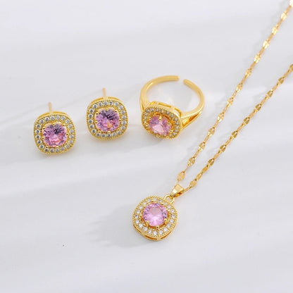 Copper 18K Gold Plated Minimalist Shiny Inlay Square Zircon Rings Earrings Necklace