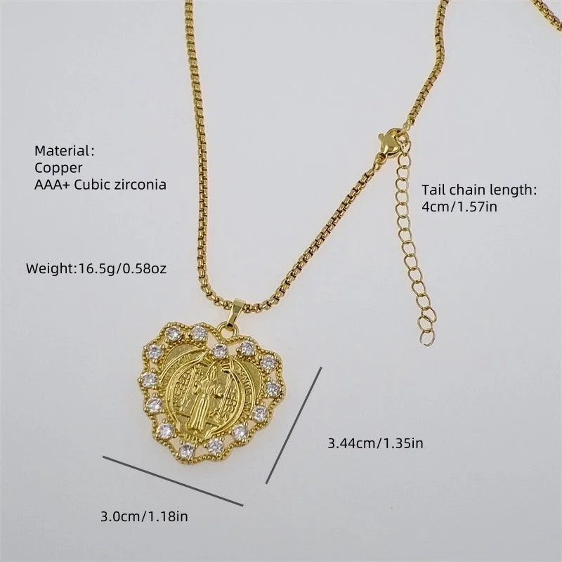 Copper 18K Gold Plated Inlay Human Virgin Mary Zircon Pendant Necklace