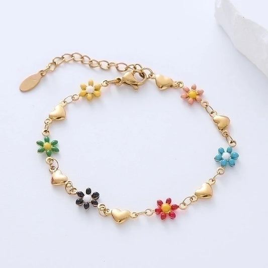 Sweet Minimalist Heart Shape Flower 304 Stainless Steel 18K Gold Plated Bracelets In Bulk