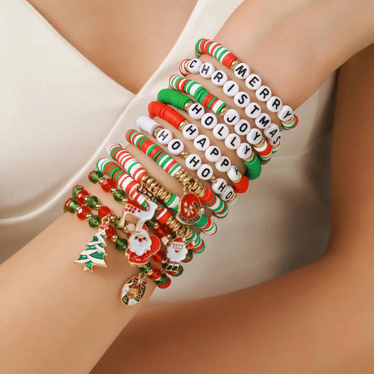 Christmas Soft Clay Crystal Christmas Bracelet 12-piece Set Santa Claus English Letter Bracelets