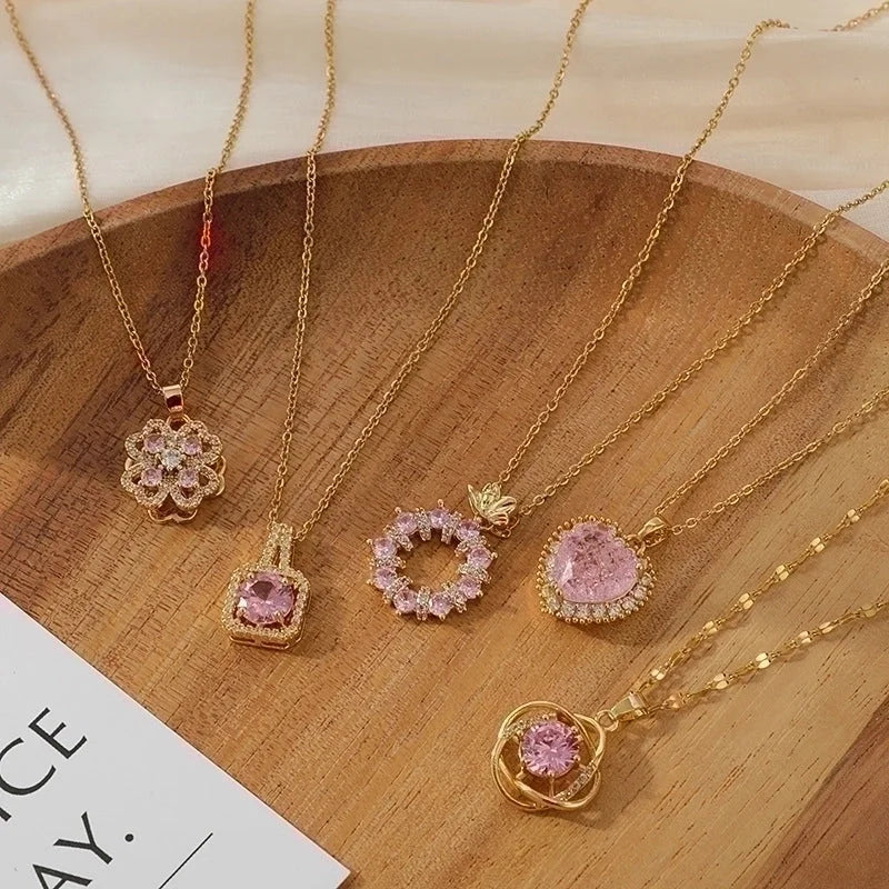 2 Pieces Vintage Style Heart Shape Flower Bow Knot Titanium Steel Copper Tassel Plating Inlay Zircon Pendant Necklace