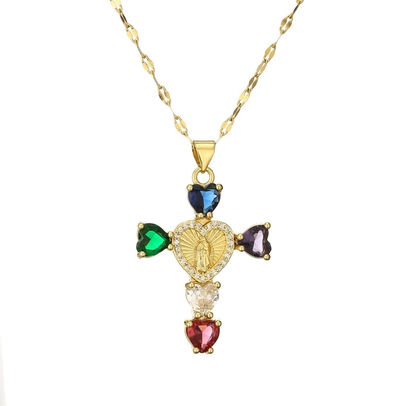 Minimalist Commute Human Cross Heart Shape Titanium Steel Copper Zircon Plating Inlay Pendant Necklace