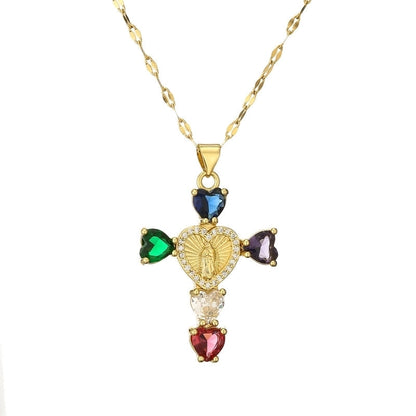 Minimalist Commute Human Cross Heart Shape Titanium Steel Copper Zircon Plating Inlay Pendant Necklace