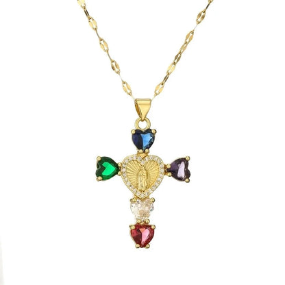 Minimalist Commute Human Cross Heart Shape Titanium Steel Copper Zircon Plating Inlay Pendant Necklace