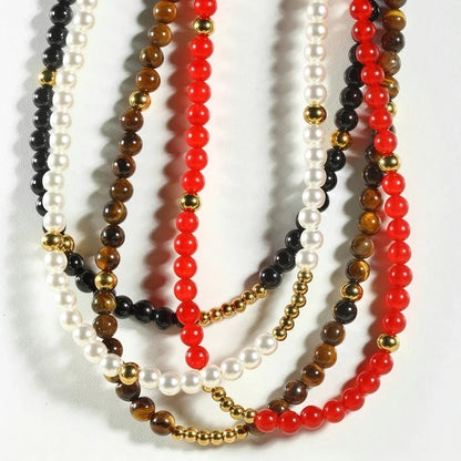 Vintage Style Classic Style Round 304 Stainless Steel Natural Stone Beaded Chain Necklace In Bulk