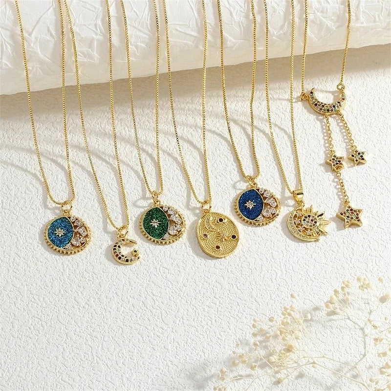 Copper Box Chain Inlay Star Moon Zircon Pendant Necklace