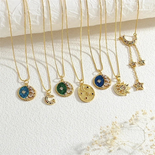 Copper Box Chain Inlay Star Moon Zircon Pendant Necklace