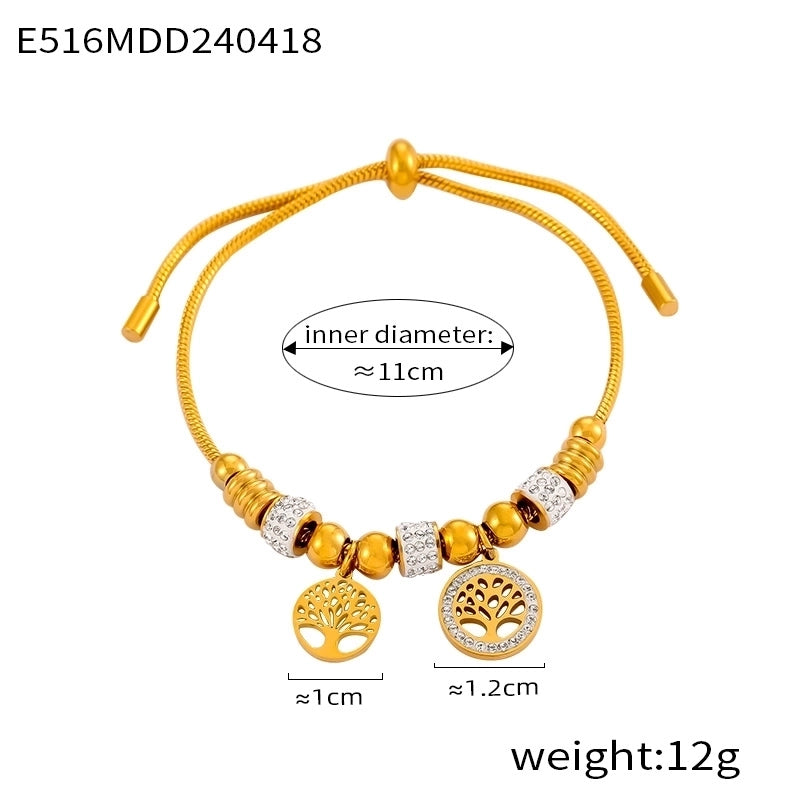 Retro Minimalist British Style Round Heart Shape Life Tree 304 Stainless Steel 18K Gold Plated Rhinestones Bracelets In Bulk