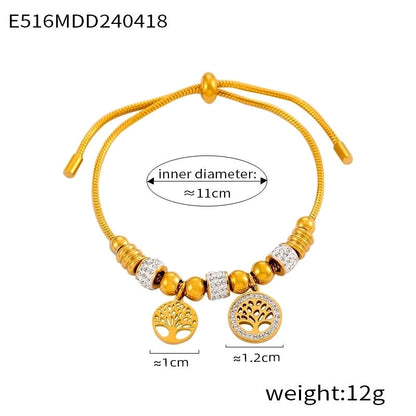 Retro Minimalist British Style Round Heart Shape Life Tree 304 Stainless Steel 18K Gold Plated Rhinestones Bracelets In Bulk