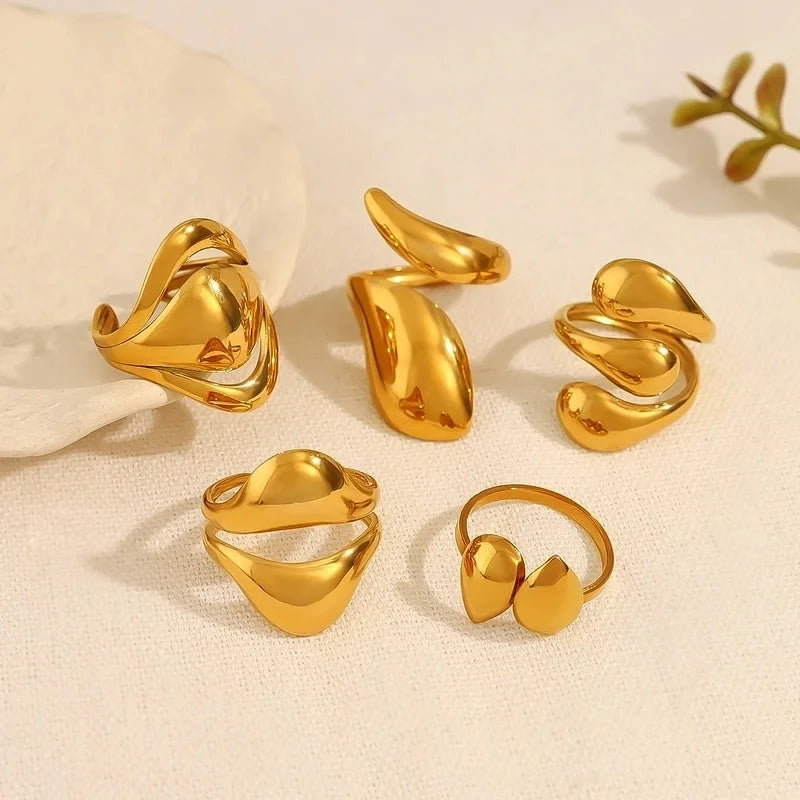 IG Style Vacation French Style Geometric Water Droplets 304 Stainless Steel 18K Gold Plated Open Rings