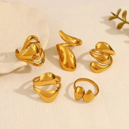 IG Style Vacation French Style Geometric Water Droplets 304 Stainless Steel 18K Gold Plated Open Rings