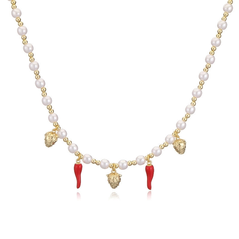 Sweet Cherry Strawberry Copper Enamel Multi Charms Necklace