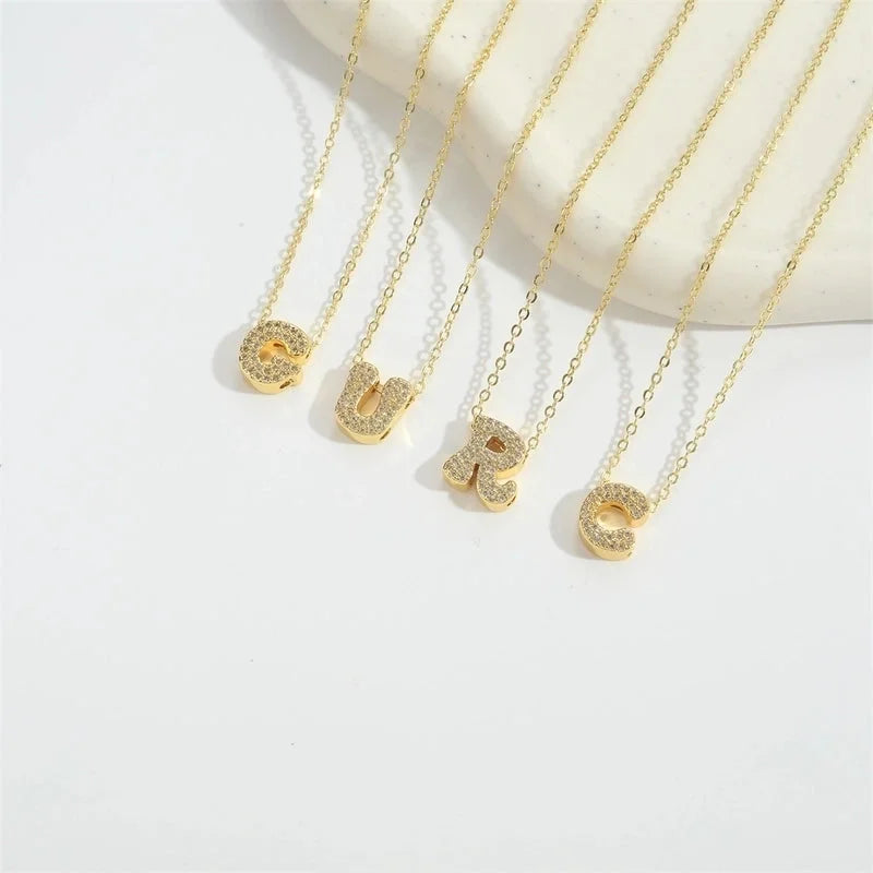 Copper 14K Gold Plated Vintage Style Minimalist Commute Inlay Letter Zircon Pendant Necklace