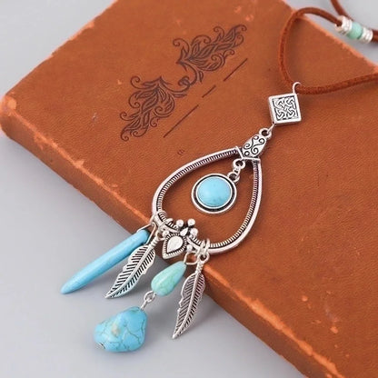 Ethnic Style Geometric Water Droplets Turquoise Metal Earrings Necklace