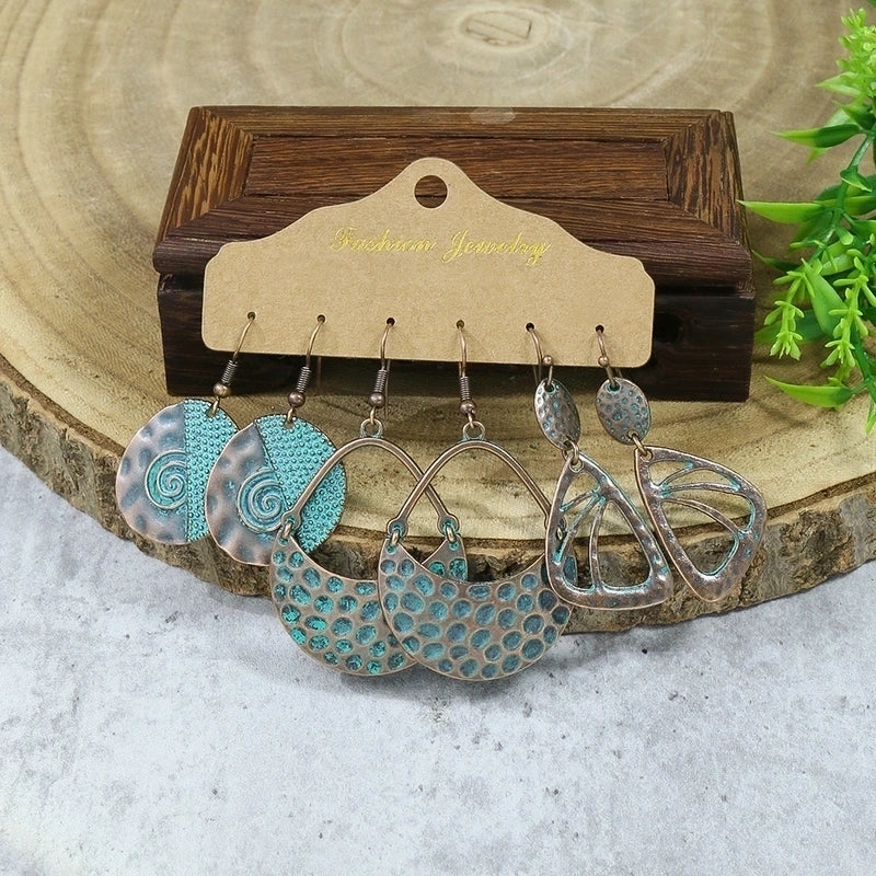 Hot 3-piece Vintage Red Earrings Set Geometric Turquoise Tassel Bohemian Minority Earrings