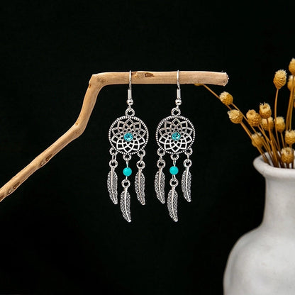 Bohemian Blue Turquoise National Style Earrings Imitation Miao Silver Metal Earrings Vintage Tassel Earrings