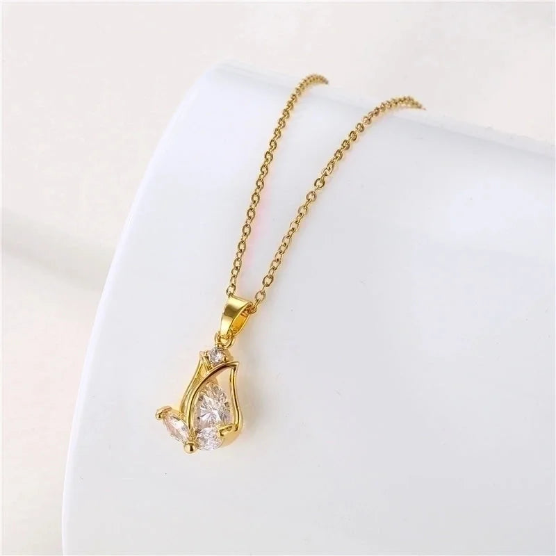 Stainless Steel Titanium Steel 18K Gold Plated Minimalist Plating Inlay Flower Dragonfly Butterfly Zircon Pendant Necklace
