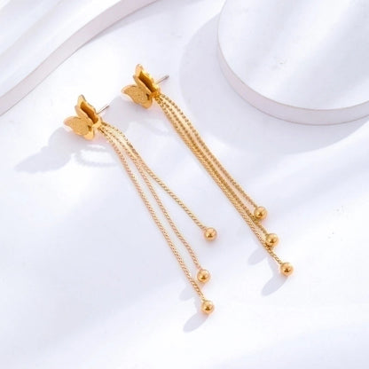 5 Pieces Elegant Sweet Heart Shape Butterfly Titanium Steel Inlay Zircon 24k Gold Plated Drop Earrings