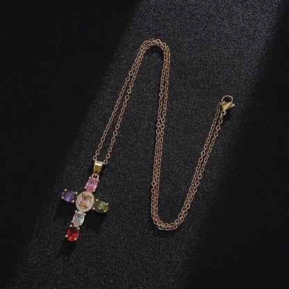 Fashion Cross Copper 18k Gold Plated Zircon Pendant Necklace In Bulk