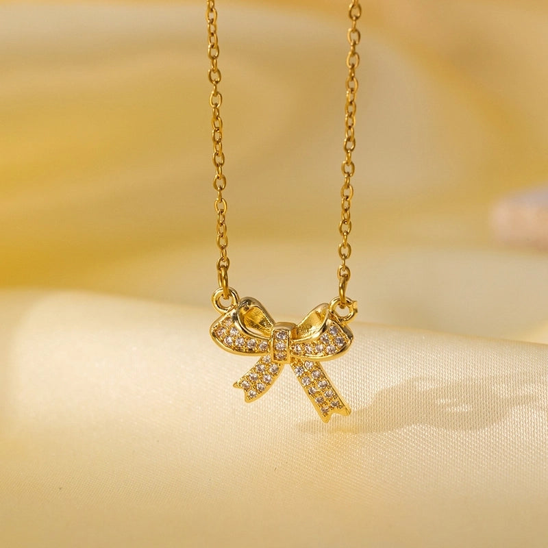 Titanium Steel Copper Plating Heart Shape Flower Bow Knot Pendant Necklace