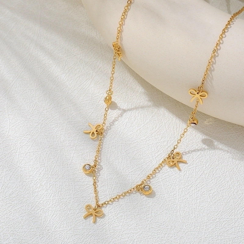 French Style Romantic Commute Four Leaf Clover Bow Knot 304 Stainless Steel Zircon 18K Gold Plated Inlay Multi Charms Necklace