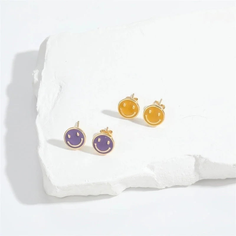 1 Pair Elegant Minimalist Commute Smile Face Enamel Copper 14K Gold Plated Ear Studs