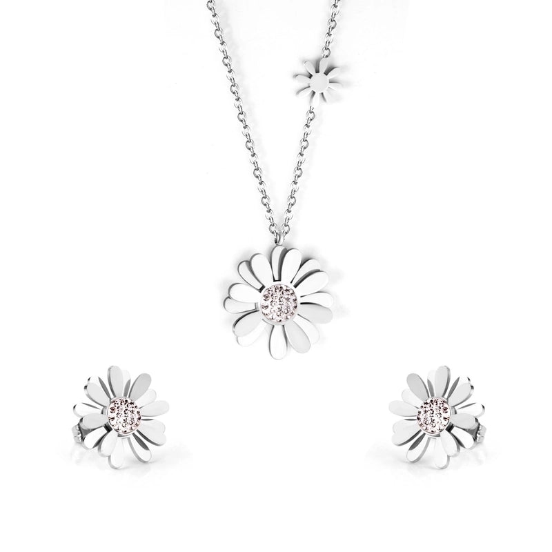 Minimalist Flower Stainless Steel Inlay Zircon Earrings Necklace 1 Set