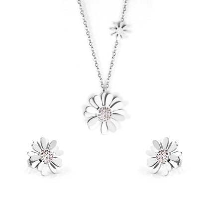 Minimalist Flower Stainless Steel Inlay Zircon Earrings Necklace 1 Set