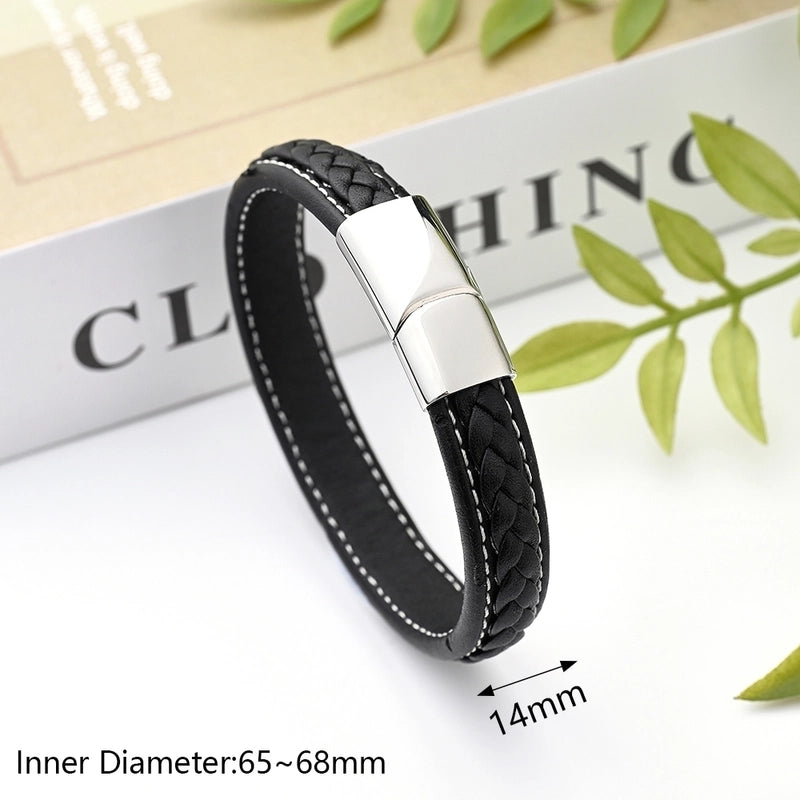 Casual Modern Style Minimalist Totem Solid Color Skull 304 Stainless Steel Genuine Cowhide Handmade Polishing Gold Plated Halloween Men's Wristband