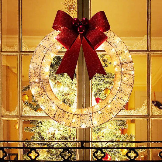 Christmas Wreath Metal Flower Ring Led Warm Light Large Bow Christmas Door Hanging