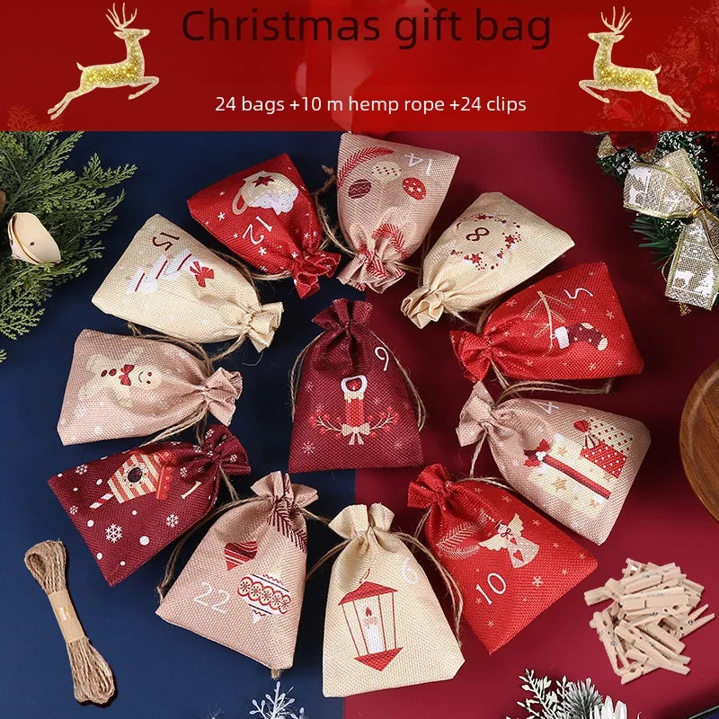 Christmas Bag Linen Drawstring Colorful Cartoon Gift Bag Amazon Christmas Suit 24 Candy Gift Bags