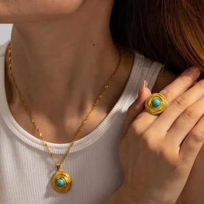 Elegant Vintage Style Geometric 304 Stainless Steel Turquoise Plating Rings Earrings Necklace