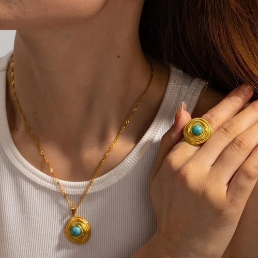 Elegant Vintage Style Geometric 304 Stainless Steel Turquoise Plating Rings Earrings Necklace