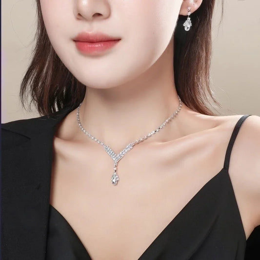 Korean Copper Crystal Necklace Earring Two-piece Set