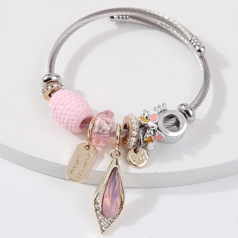 Minimalist Geometric Stainless Steel Alloy Inlay Artificial Pearls Rhinestones Bangle