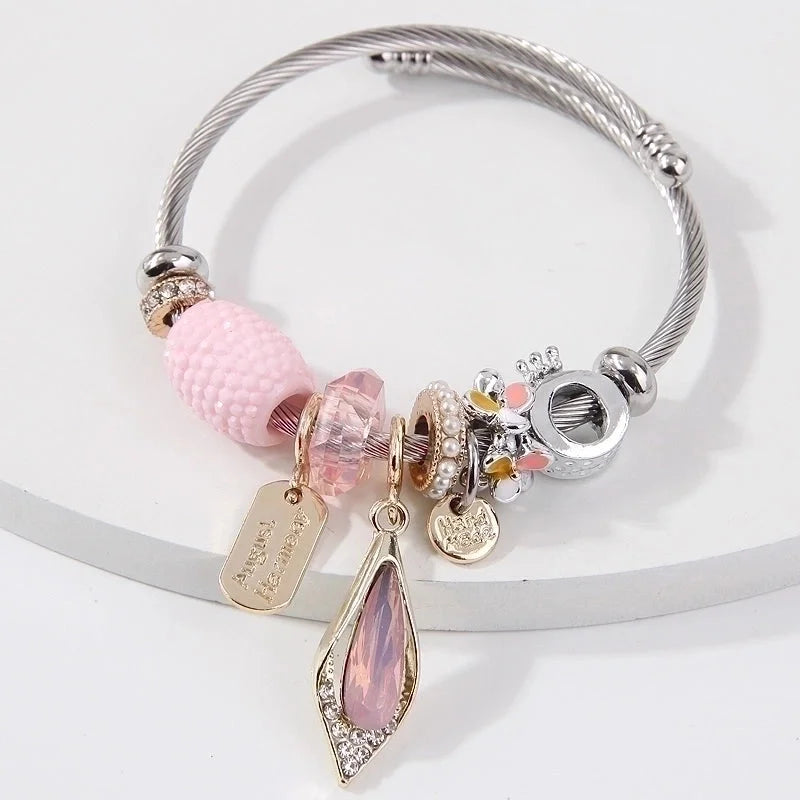 Minimalist Geometric Stainless Steel Alloy Inlay Artificial Pearls Rhinestones Bangle