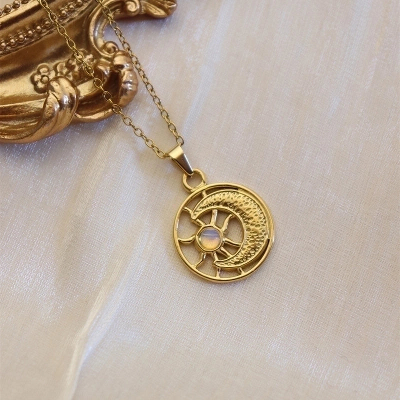 304 Stainless Steel 18K Gold Plated Minimalist Plating Inlay Sun Water Droplets Eye Natural Stone Pendant Necklace