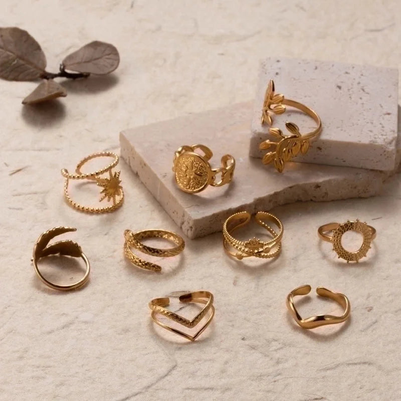 INS Style Minimalist Leaf Solid Color 304 Stainless Steel Plating Hollow Out Open Ring