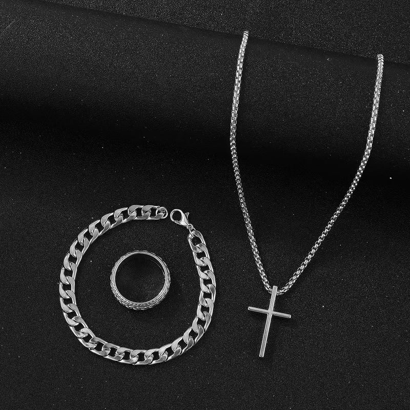 Tem Hot Hip Hop Cuban Chain Cross Necklace Bracelet Ring 3 Piece Set Suit In Stock