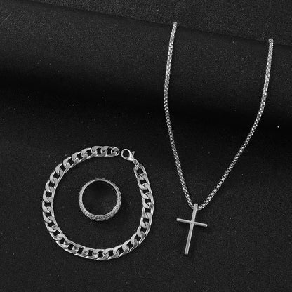 Tem Hot Hip Hop Cuban Chain Cross Necklace Bracelet Ring 3 Piece Set Suit In Stock