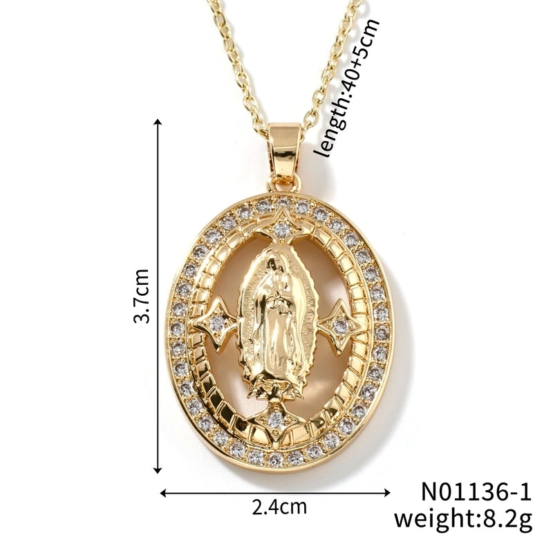 Vintage Style Classic Style Geometric Round Virgin Mary 304 Stainless Steel Copper Zircon K Gold Plated Inlay Pendant Necklace