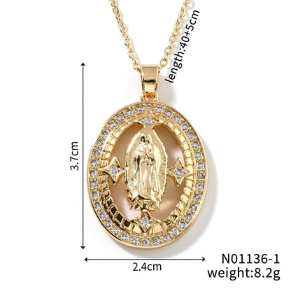 Vintage Style Classic Style Geometric Round Virgin Mary 304 Stainless Steel Copper Zircon K Gold Plated Inlay Pendant Necklace