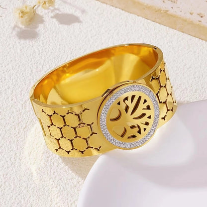 Exaggerated Luxurious Classic Style Life Tree Titanium Steel Inlay Rhinestones 18K Gold Plated Women's Bangle