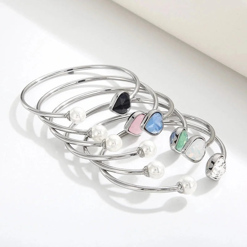 Modern Style Minimalist Heart Shape Stainless Steel Titanium Steel 18K Gold Plated Glass Stone Pearl Bangle In Bulk